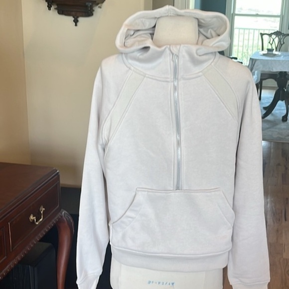 Comfy Scuba Neck Half Zip Beige Hoodie with Front Pocket - Picture 11 of 12